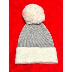 Grey Gray & Cream Beanie Hat with Pom Pom Winter Snow Ski